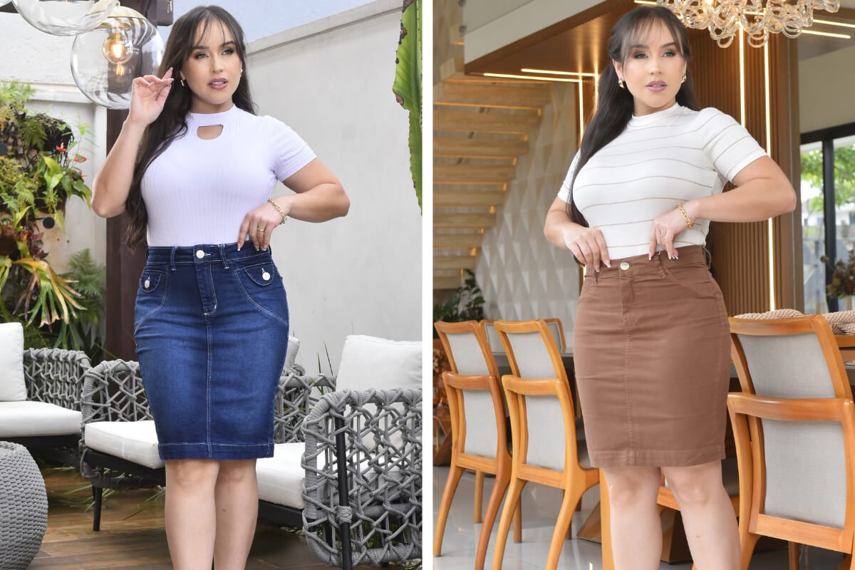 mulher em duas fotos vestindo dois modelos de saia jeans