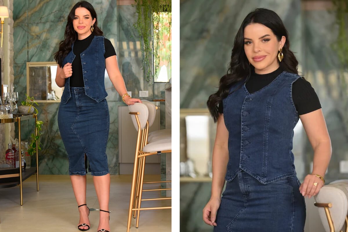 mulher usando conjunto jeans