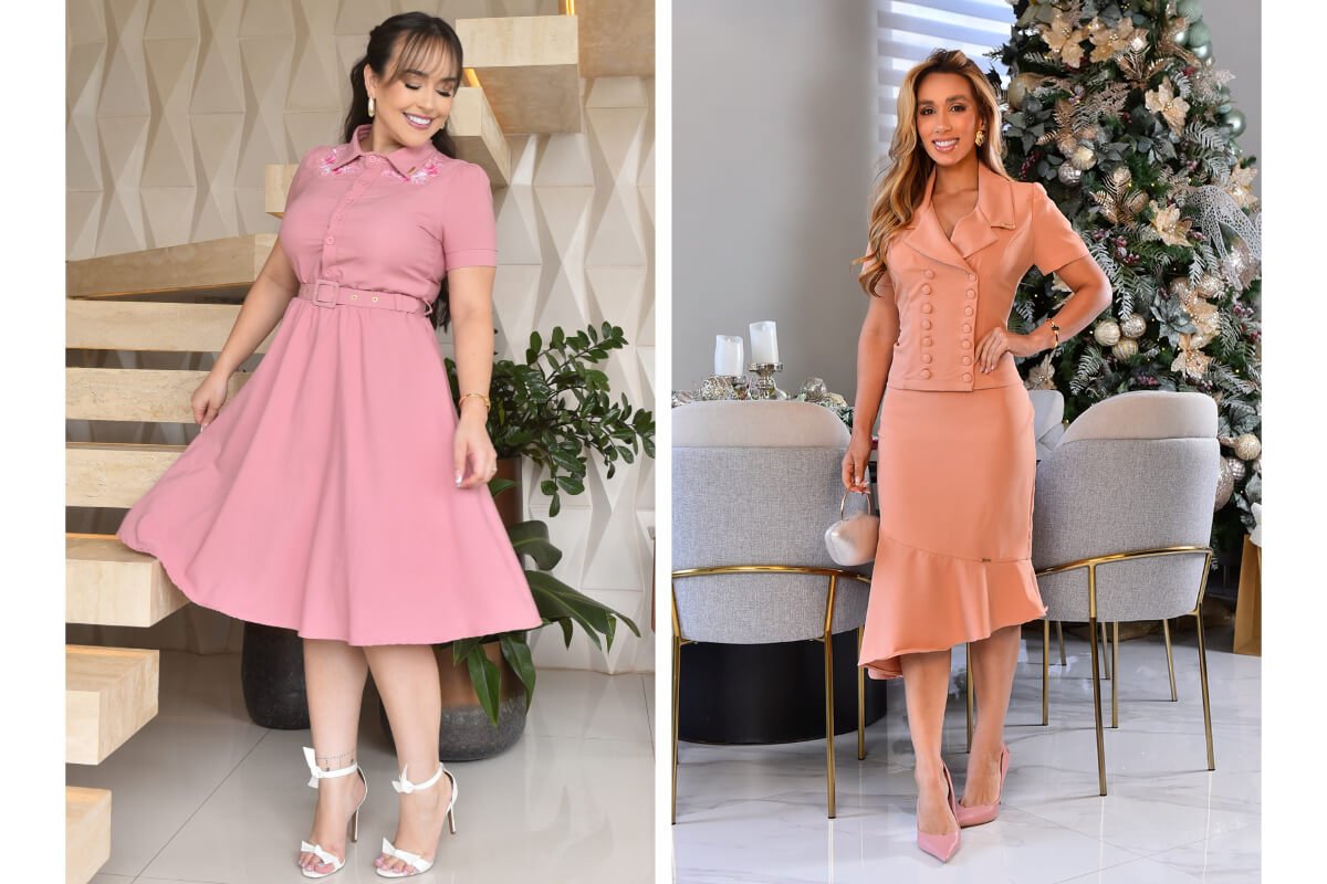 mulher da esquerda de vestido e a da direita com conjunto