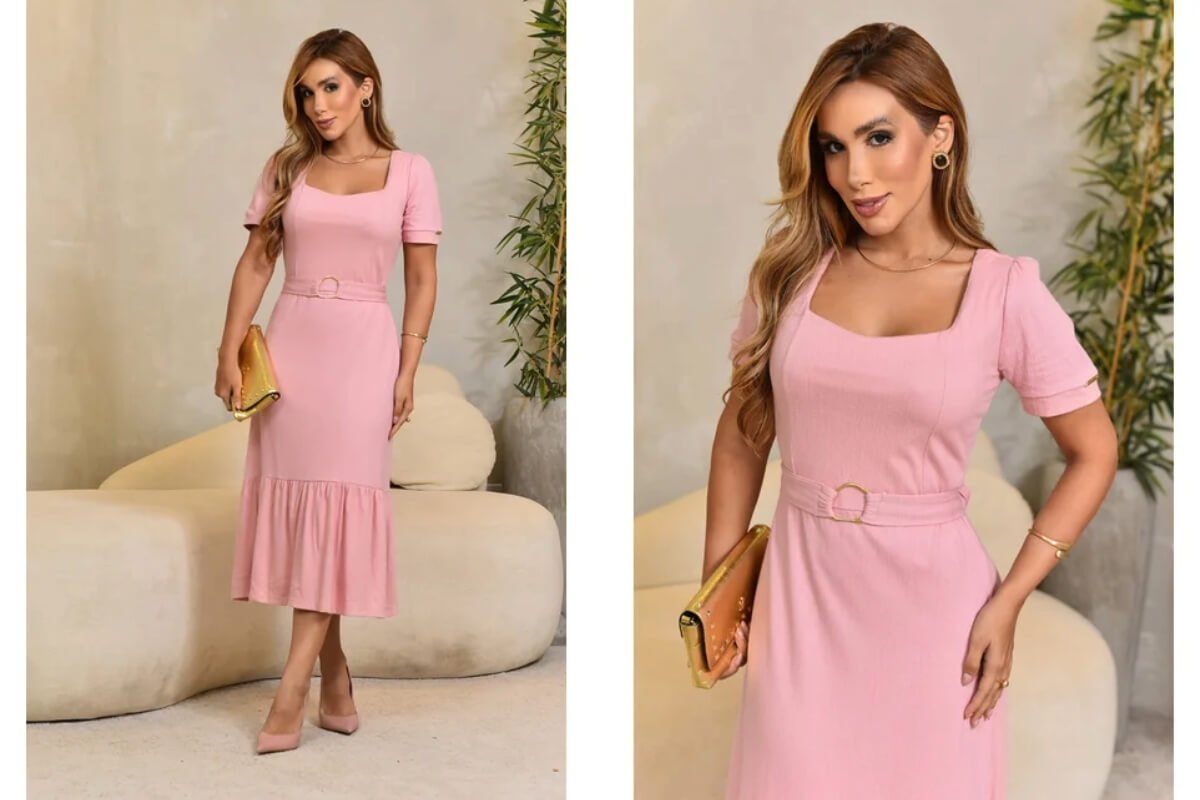 mulher posando para foto com vestido rosa