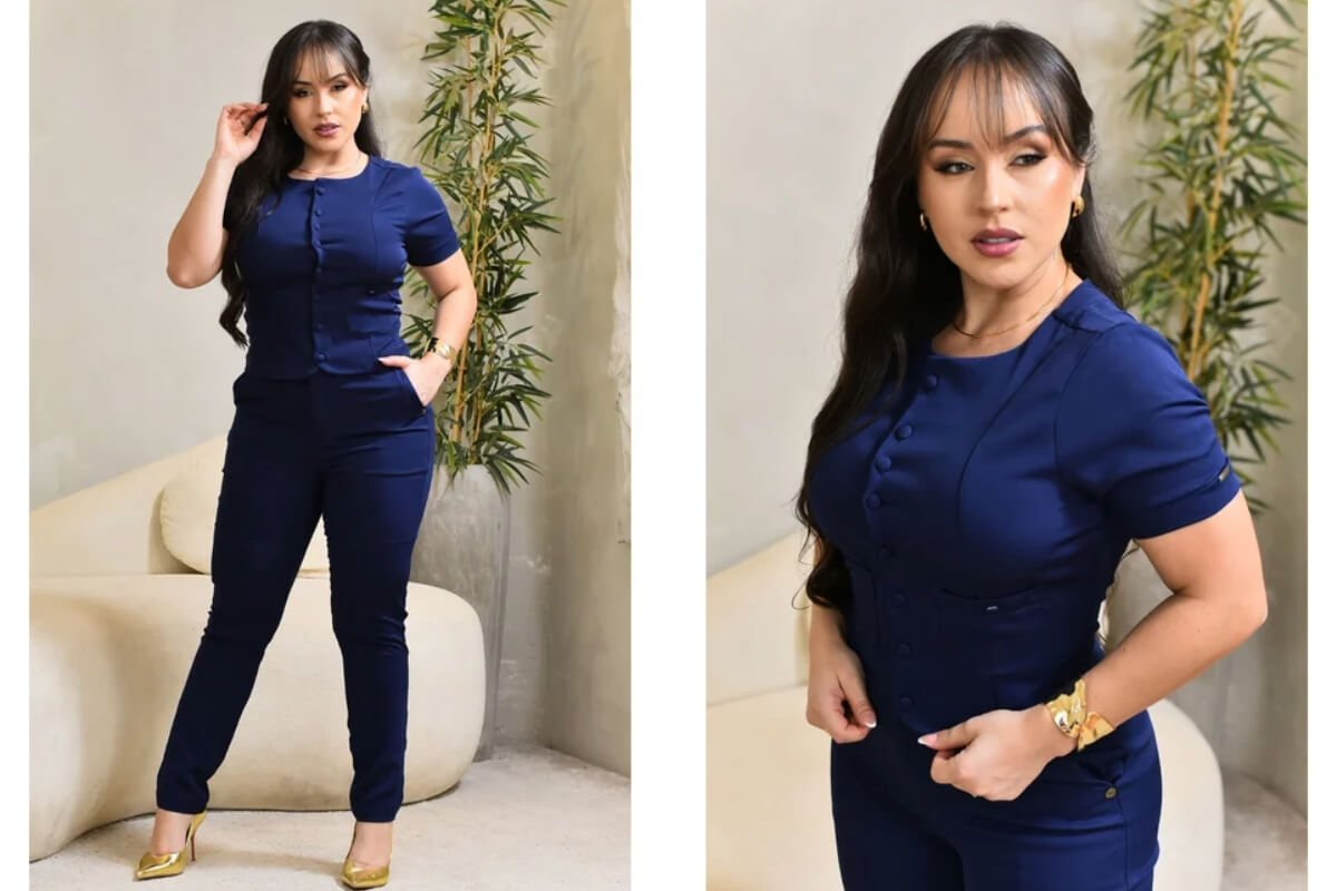 conjunto calca e blusa com botoes funcionais