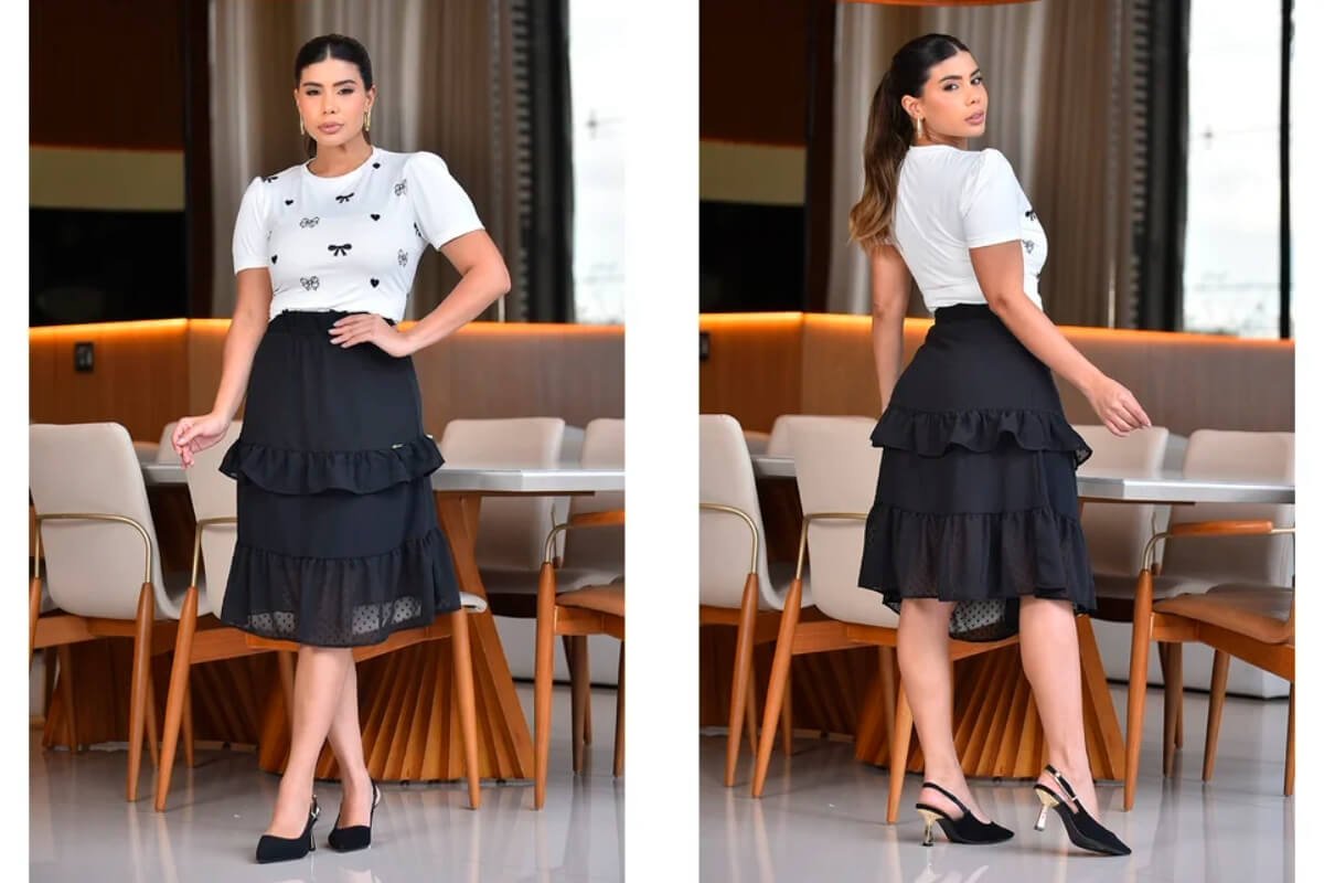 conjunto saia com babado e blusa estampada