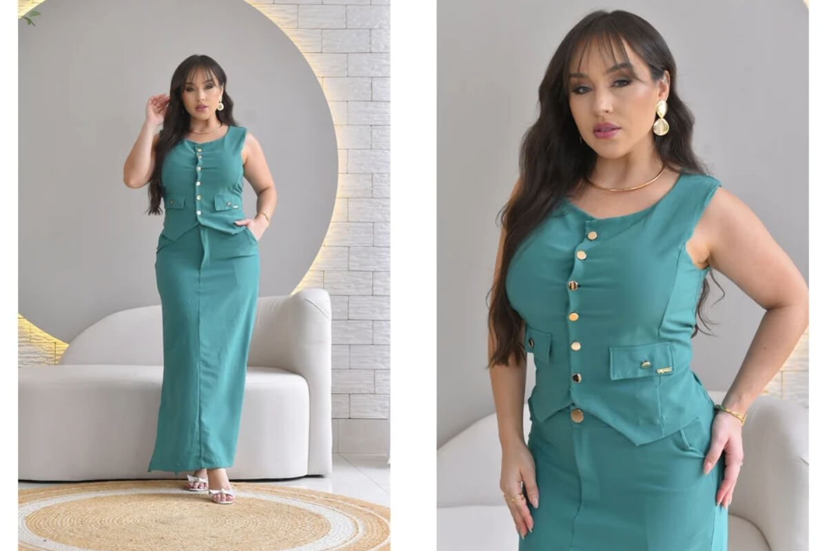 conjunto saia com colete e botoes