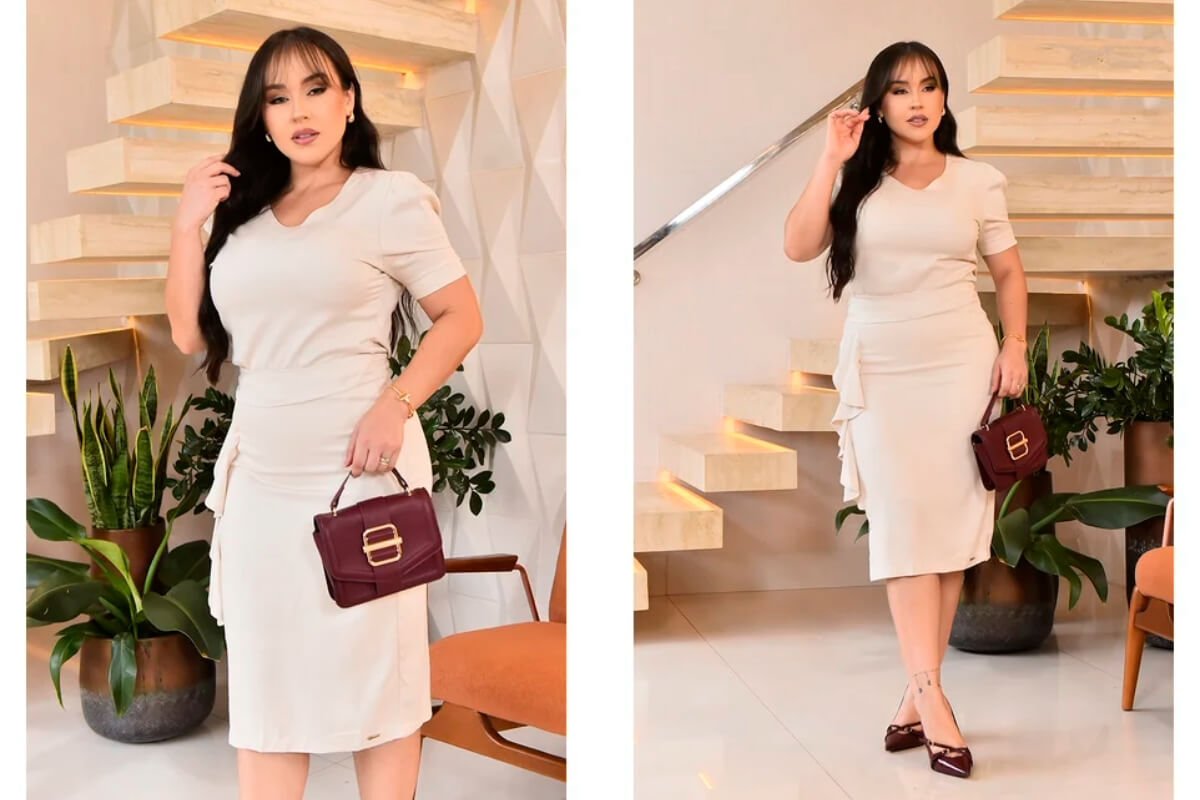 conjunto saia com detalhe e blusa de algodao
