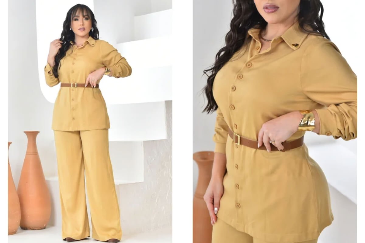 mulher usando um conjunto em tons terrosos