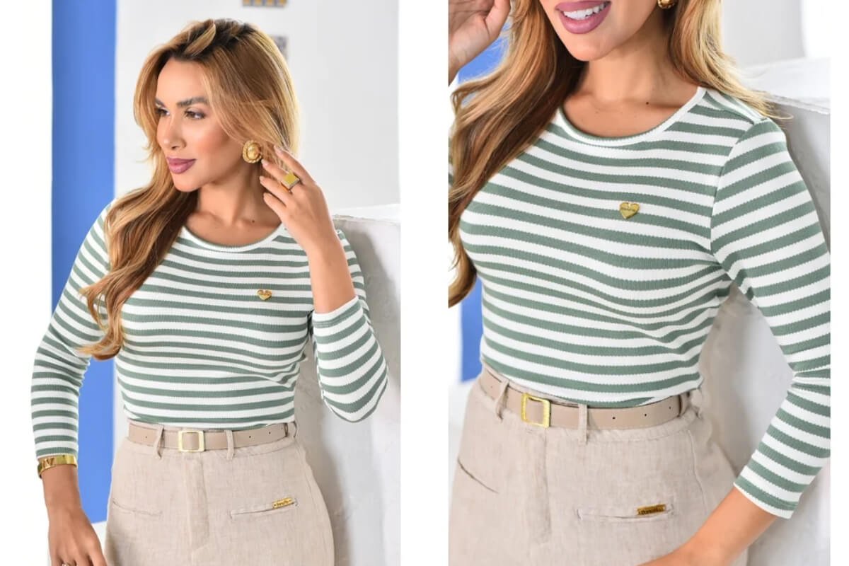 mulher vestindo uma blusa de manga longa listrada