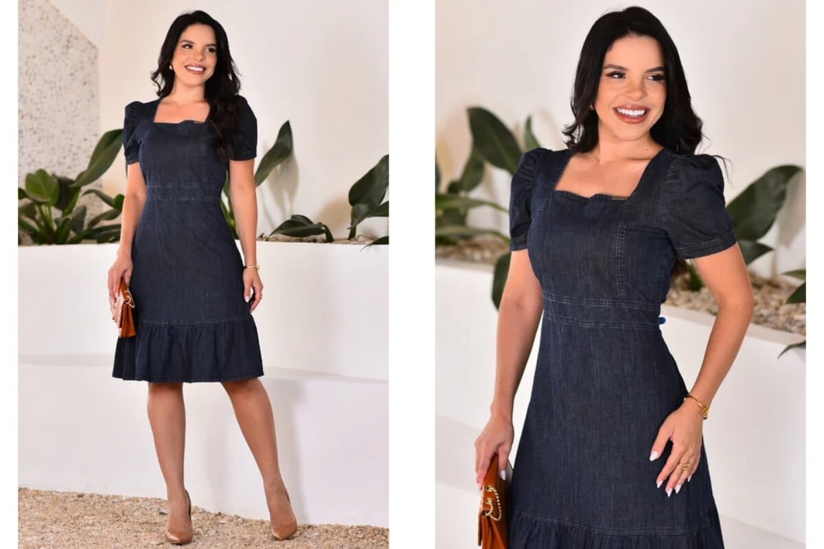 mulher usando vestido jeans