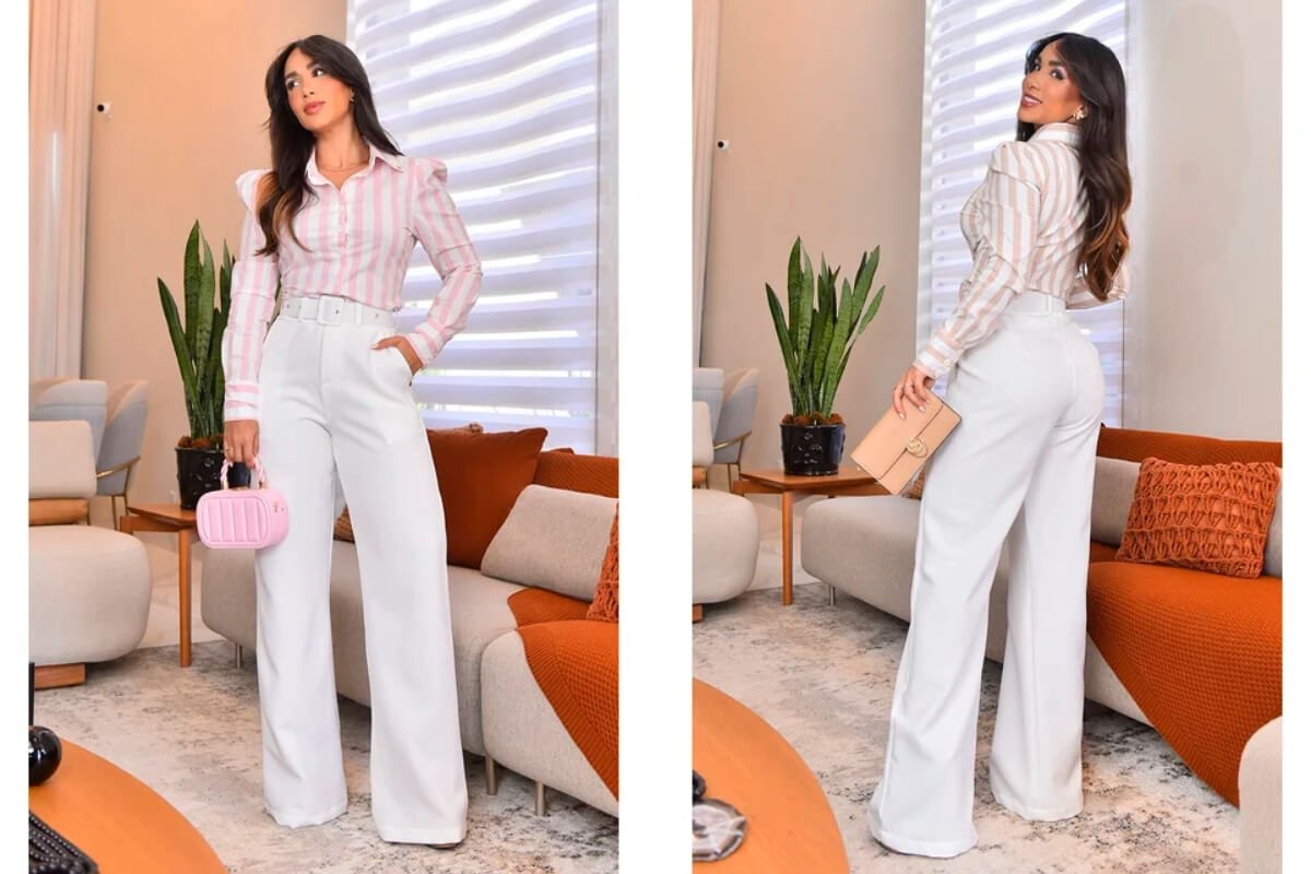 mulher usando look com calca de alfaiataria e blusa
