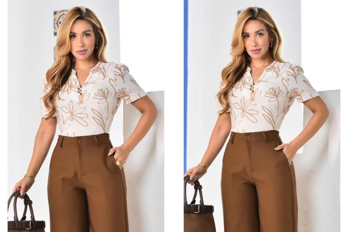 mulher usando look com camisa e calca em alfaiataria