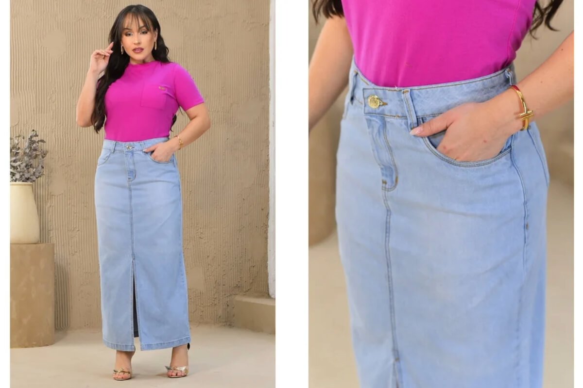 mulher de saia jeans clara e camisa rosa compondo o look
