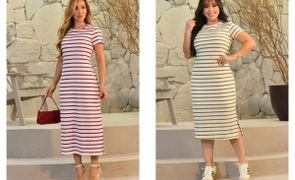 duas mulheres usando vestidos midi listrados