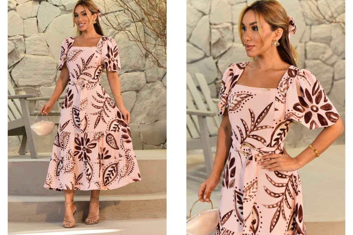 mulher usando vestido midi com estampas florais