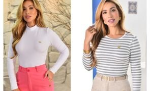 mulher em duas fotos com dois tipos de blusa de manga longa