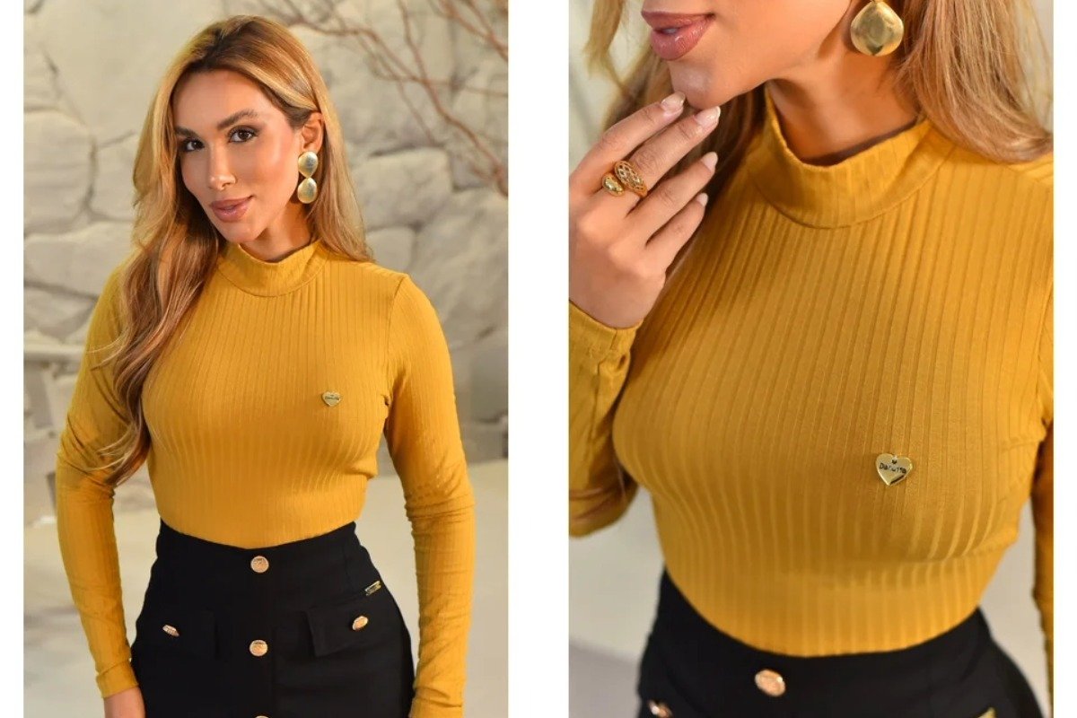 mulher usando blusa de manga longa canelada na cor amarelo
